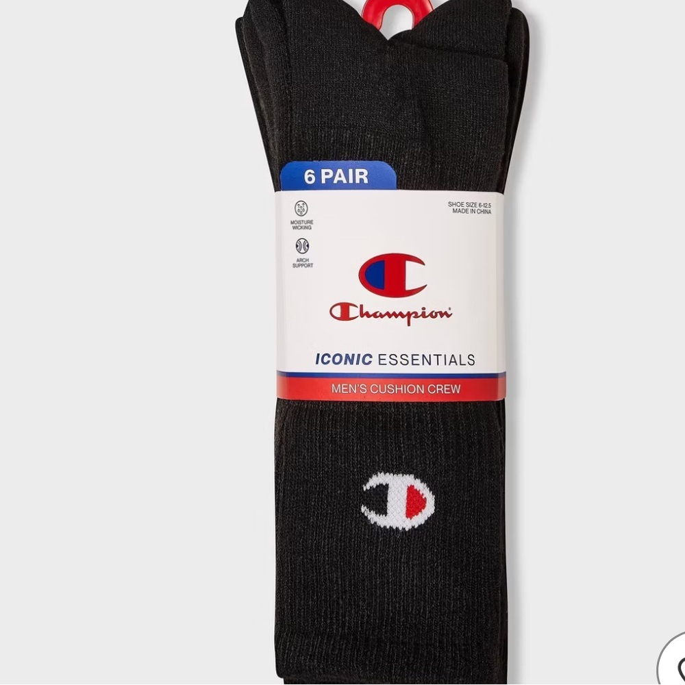 Champion Men's Black Cushion Crew Socks - 6 Pack New Sz 6-12
